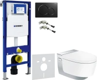 Комплект Умный унитаз Geberit AquaClean Mera Comfort 146.214.21.1 с системой удаления запахов, глянцевый хром + Крепления Duofix 111.815.00.1 к стене + Звукоизоляция + Инсталляция UP 320 111.300.00.5 + Кнопка Sigma 01 115.770.DW.5 черная