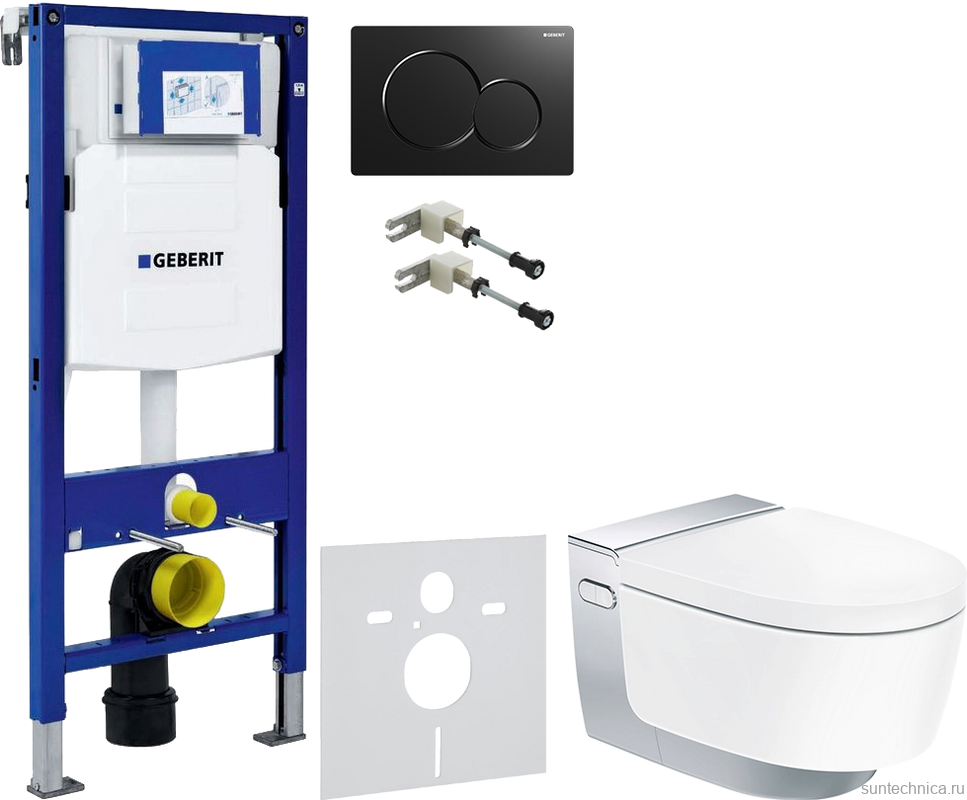 Комплект Умный унитаз Geberit AquaClean Mera Comfort 146.214.21.1 с системой удаления запахов, глянцевый хром + Крепления Duofix 111.815.00.1 к стене + Звукоизоляция + Инсталляция UP 320 111.300.00.5 + Кнопка Sigma 01 115.770.DW.5 черная