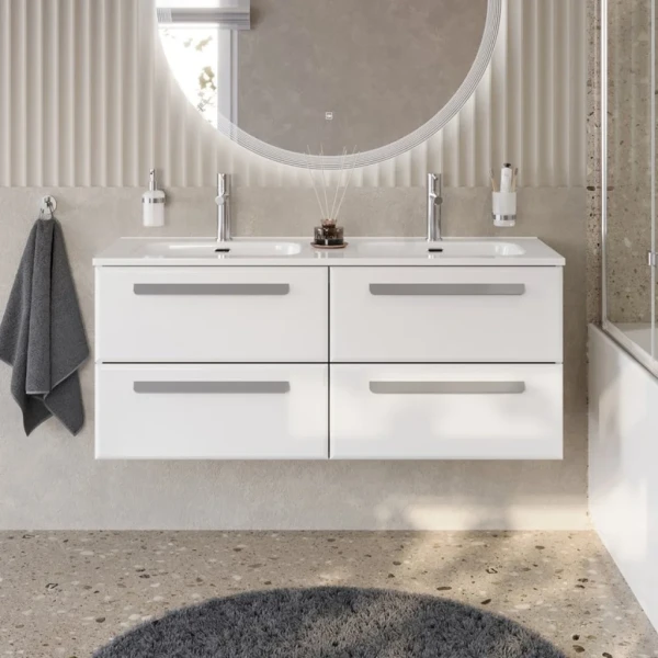 Тумба с раковиной Cezares Eco Cer-N 120 4 ящика, bianco lucido, раковина Duet 120, двойная, ручки серые
