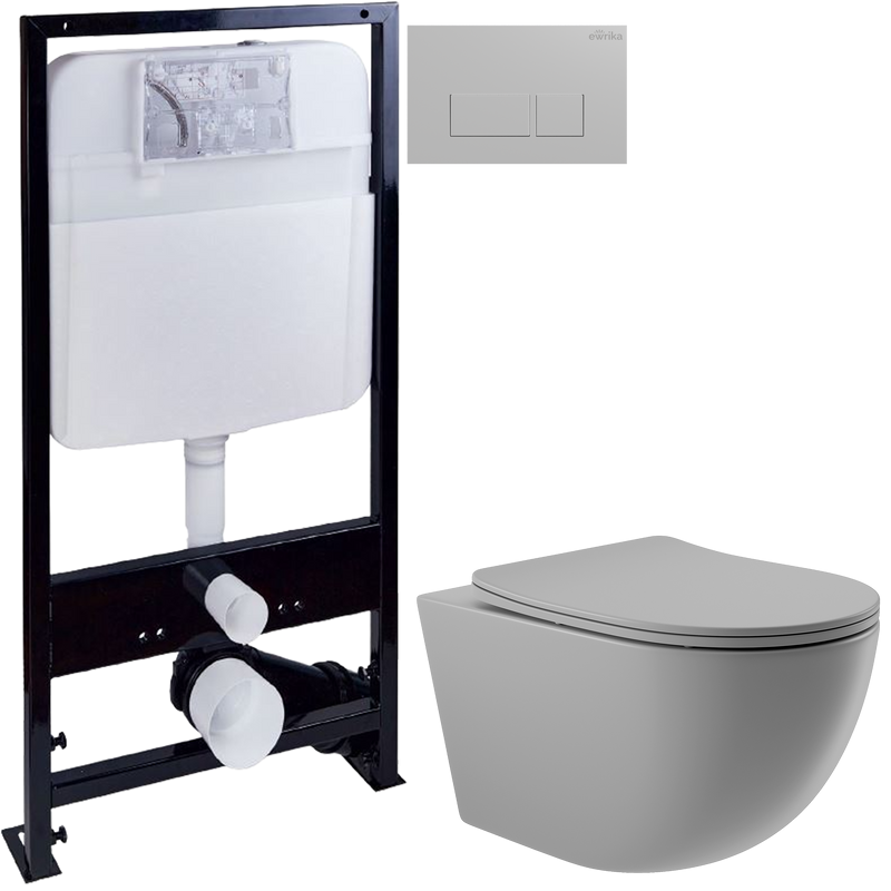 Комплект Унитаз подвесной Aqueduto Ovo OVO0130 безободковый, с микролифтом, серый матовый + Инсталляция EWRIKA ProLT 0026-2020 + Кнопка 0040 хром матовый
