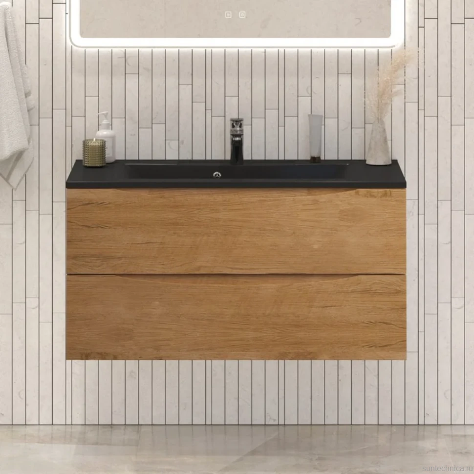 Тумба с раковиной BelBagno Marino 100 подвесная, rovere nature, черная раковина