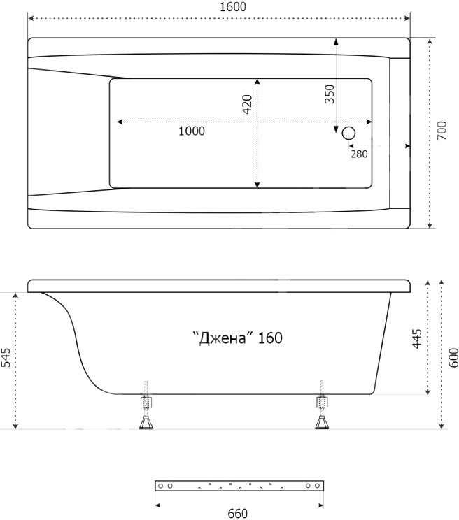 Акриловая ванна Triton Джена 160x70 см, пристенная, белая, на ножках