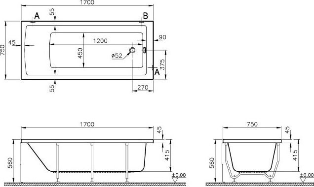 Акриловая ванна VitrA Neon 170x75 см, пристенная, белая, на ножках, с экраном