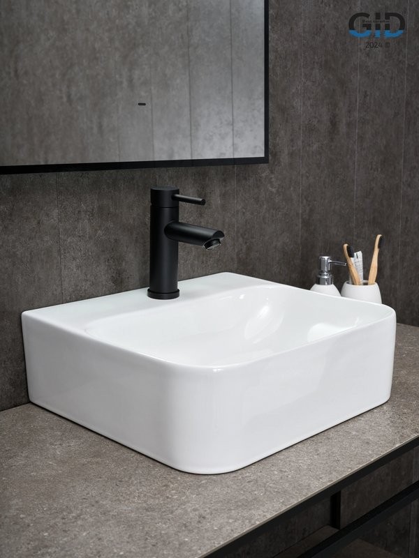 Накладная раковина GID Geometrico N9257 43 глянцевая белая, прямоугольная, фаянс, с 1 отверстием под смеситель