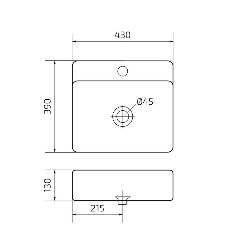Накладная раковина GID Geometrico N9257 43 глянцевая белая, прямоугольная, фаянс, с 1 отверстием под смеситель