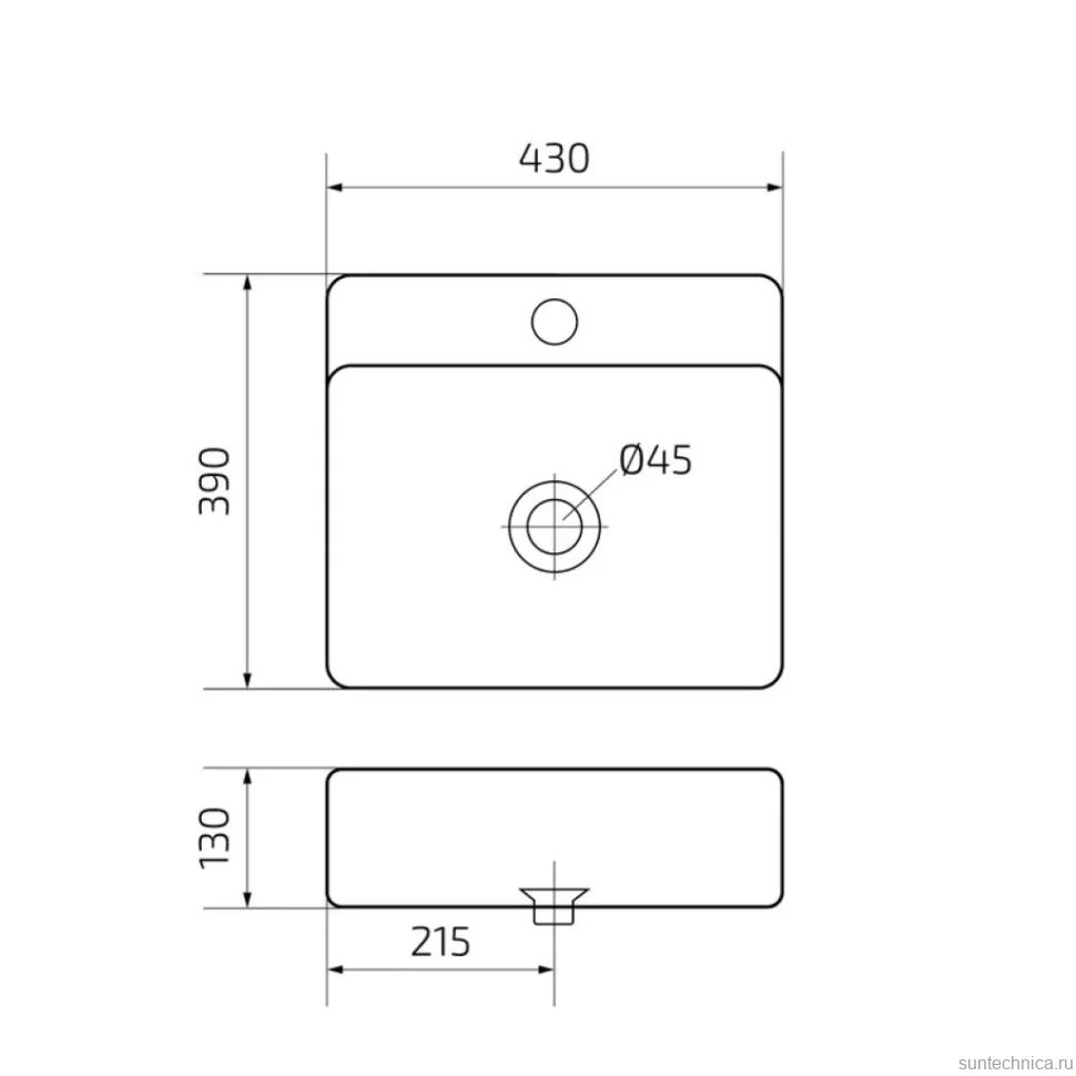 Накладная раковина GID Geometrico N9257 43 глянцевая белая, прямоугольная, фаянс, с 1 отверстием под смеситель