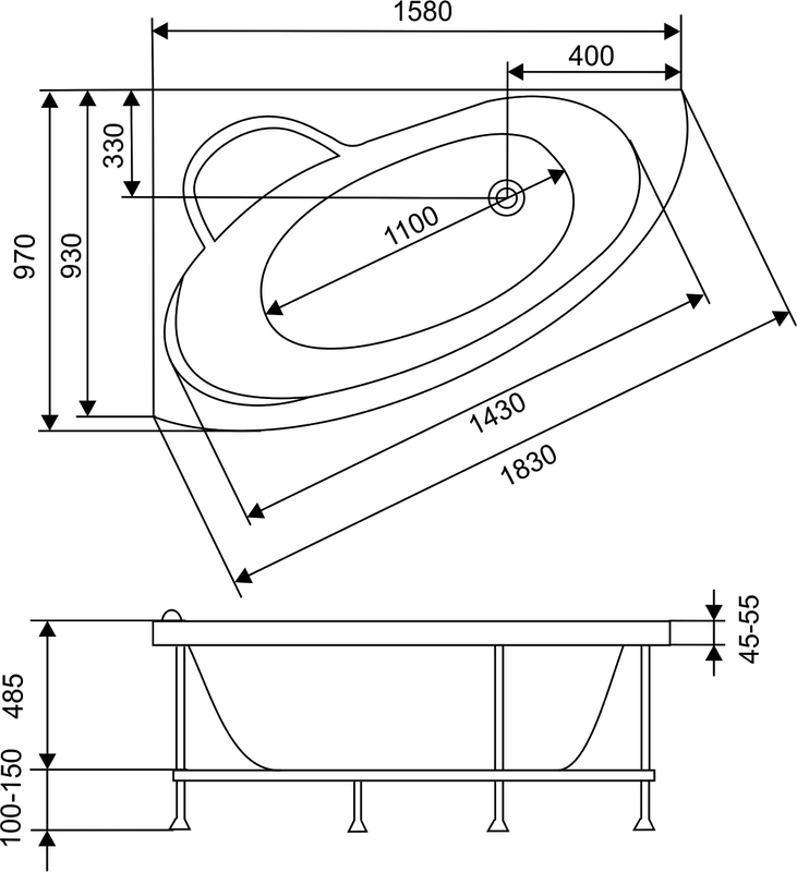 Акриловая ванна EUROLUX Sparta 160x95 см, угловая, левая, пристенная, белая, асимметричная, с каркасом, 160х100, L, с каркасом