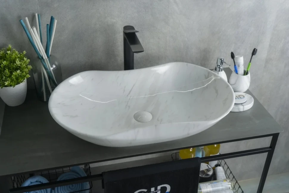 Накладная раковина GID Lago Mnc503H012 67 под глянцевый камень, овальная, фаянс