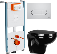 Комплект Унитаз подвесной Wanfald Lauta 47374100005 черный + Инсталляция VitrA V-Fix Core 732-5800-01PV + Кнопка Root Round 740-2280 хром