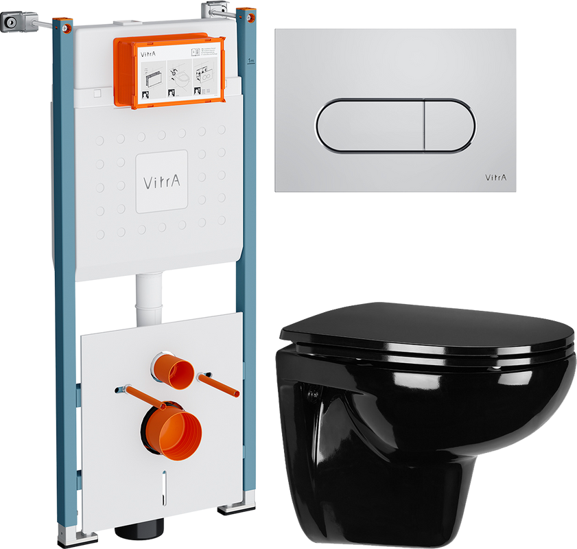 Комплект Унитаз подвесной Wanfald Lauta 47374100005 черный + Инсталляция VitrA V-Fix Core 732-5800-01PV + Кнопка Root Round 740-2280 хром