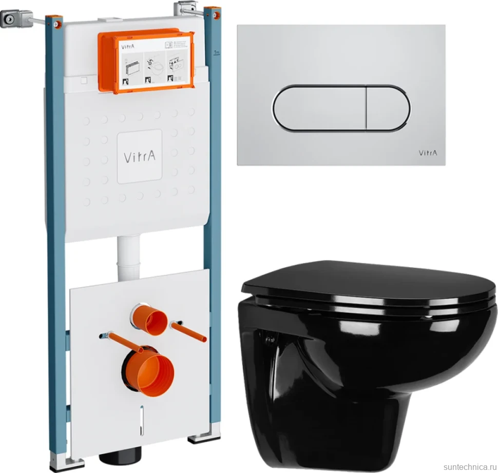 Комплект Унитаз подвесной Wanfald Lauta 47374100005 черный + Инсталляция VitrA V-Fix Core 732-5800-01PV + Кнопка Root Round 740-2280 хром