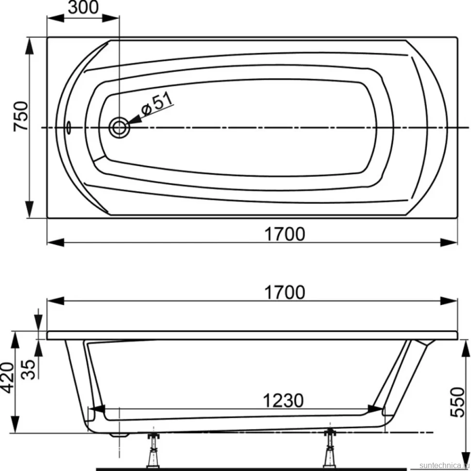 Акриловая ванна Vagnerplast Ebony 170x75 см, пристенная, белая, с каркасом