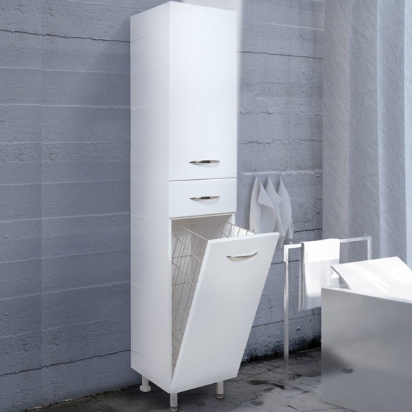Шкаф-пенал для ванной Onika Модерн 26 левый напольный, с бельевой корзиной, белый