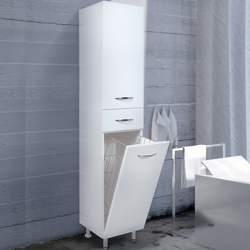 Шкаф-пенал для ванной Onika Модерн 26 левый напольный, с бельевой корзиной, белый