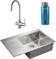 Комплект Мойка Paulmark Kroner PM217851-BSR брашированная нержавеющая сталь R + Смеситель Essen Es213211-CR хром + Измельчитель Intenso