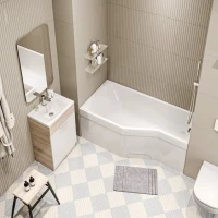 Комплект Акриловая ванна 1MarKa Convey L Премиум 150x75 см, левая, встраиваемая, белая, асимметричная, с экраном, со сливом-переливом