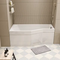 Комплект Акриловая ванна 1MarKa Convey L Премиум 150x75 см, левая, встраиваемая, белая, асимметричная, с экраном, со сливом-переливом