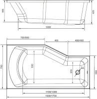 Комплект Акриловая ванна 1MarKa Convey L Премиум 150x75 см, левая, встраиваемая, белая, асимметричная, с экраном, со сливом-переливом