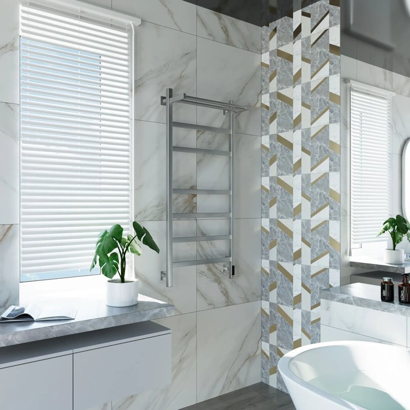 Полотенцесушитель электрический Grota Tela 530х1200 NM EL 120x55 см, подключение справа, слева, скрытое подключение справа, матовый хром, лесенка, с полкой