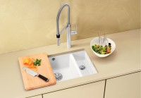 Мойка кухонная Blanco Subline 350/150-U глянцевая белая, с отводной арматурой InFino