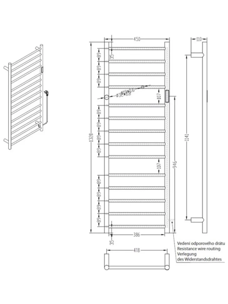Полотенцесушитель электрический Bemeta 704151054 130x45 см, подключение справа, скрытое подключение справа, матовый белый, лесенка