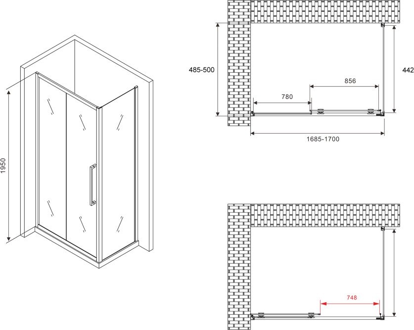 Душевой уголок Abber Schwarzer Diamant AG30170BH-S50B 170x50, профиль черный,  стекло прозрачное