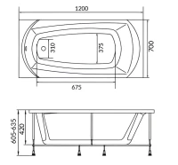 Акриловая ванна 1MarKa Elegance Стандарт 2 120x70 см, встраиваемая, белая, с каркасом, со сливом-переливом
