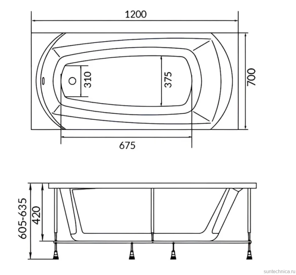 Акриловая ванна 1MarKa Elegance Стандарт 2 120x70 см, встраиваемая, белая, с каркасом, со сливом-переливом