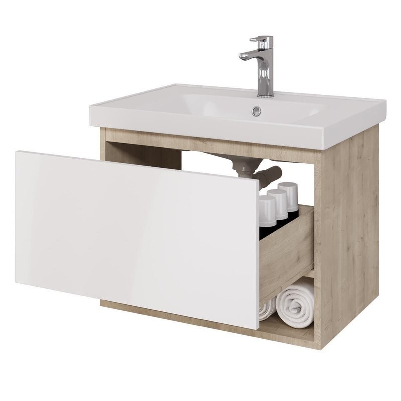 Тумба с раковиной Dreja Perfecto 70 подвесная, дуб эврика, белый глянец