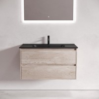 Тумба с раковиной Sancos Libra 90 дуб галифакс натуральный, черная раковина CN7002MB