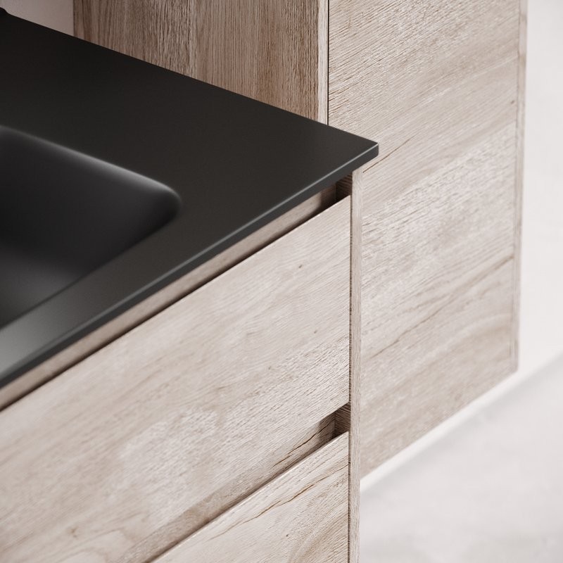 Тумба с раковиной Sancos Libra 90 дуб галифакс натуральный, черная раковина CN7002MB