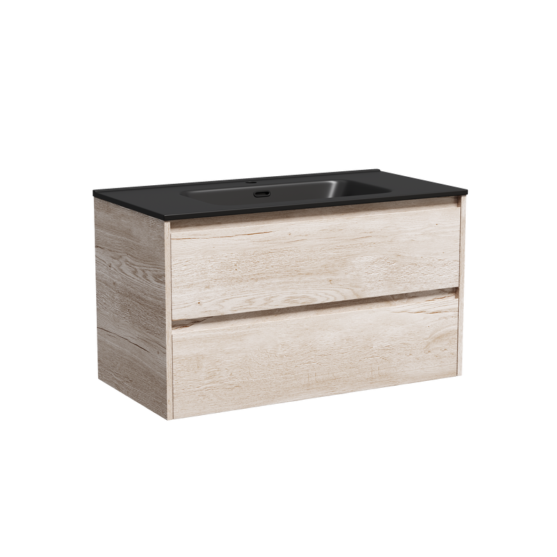 Тумба с раковиной Sancos Libra 90 дуб галифакс натуральный, черная раковина CN7002MB