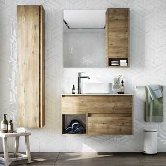 Мебель для ванной STWORKI Карлстад 90 дуб рустикальный, простоун беж, с отверстием для смесителя в столешнице