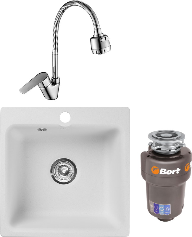 Комплект Мойка GranFest Smart SM 430 белый + Смеситель Rossinka S S35-26 с гибким изливом + Измельчитель Bort Titan 5000 Control