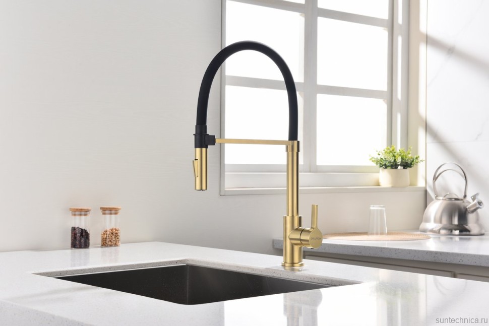 Смеситель для кухни Paulmark Halt Ha214021-LG с гибким изливом, светлое золото