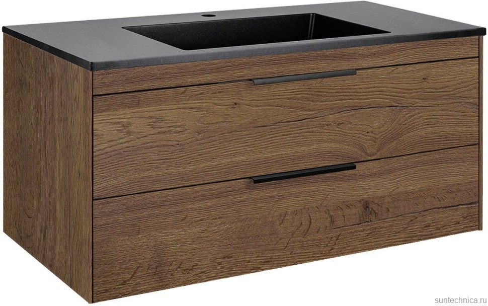 Мебель для ванной комнаты Vincea Chiara 2D 100, 2 ящика, дуб табак, с черной раковиной