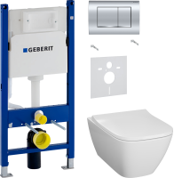 Комплект Унитаз подвесной Geberit Smyle Square 500.683.01.1 с крышкой-сиденьем с микролифтом + Звукоизоляция + Инсталляция Duofix Delta 458.163.21.1 с кнопкой смыва, хром