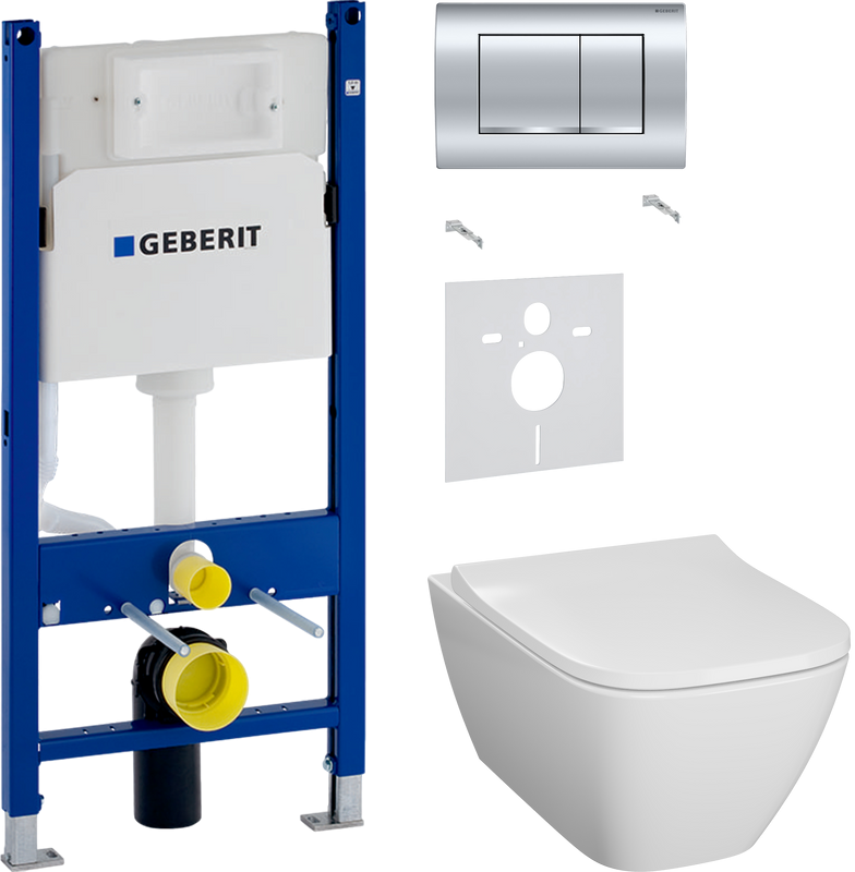 Комплект Унитаз подвесной Geberit Smyle Square 500.683.01.1 с крышкой-сиденьем с микролифтом + Звукоизоляция + Инсталляция Duofix Delta 458.163.21.1 с кнопкой смыва, хром