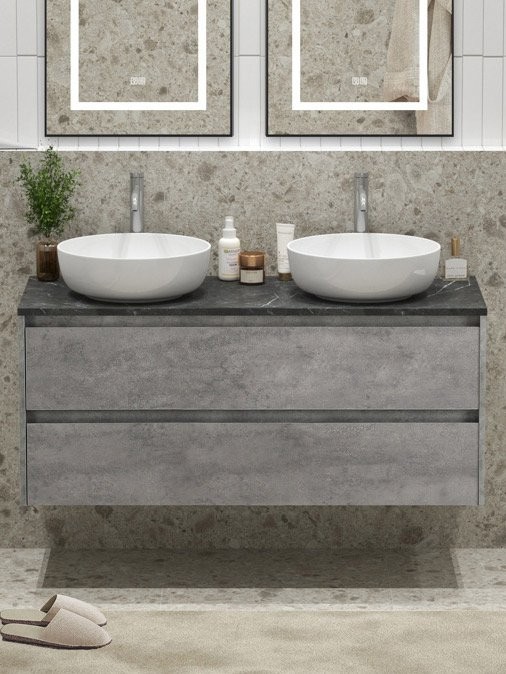 Тумба с раковиной BelBagno Kraft 120 со столешницей, для двоих, 2 ящика, cemento grigio