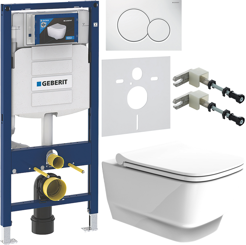 Комплект Унитаз подвесной Boheme Bello 971-W белый глянцевый + Крышка 975-W белая глянцевая + Инсталляция Geberit Duofix UP 320 111.300.00.5 + Кнопка Sigma 01 115.770.11.5 белая + Крепления 111.815.00.1 к стене + Звукоизоляция
