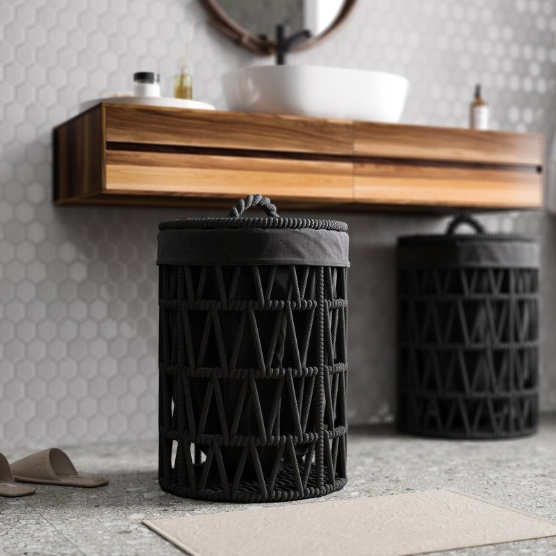 Корзина для белья Wasserkraft Mosel WB-460-S напольная, серая, черная, круглая, текстиль