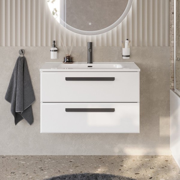 Тумба с раковиной Cezares Eco Cer-N 80 bianco lucido, раковина Duet 80, ручки матовые черные