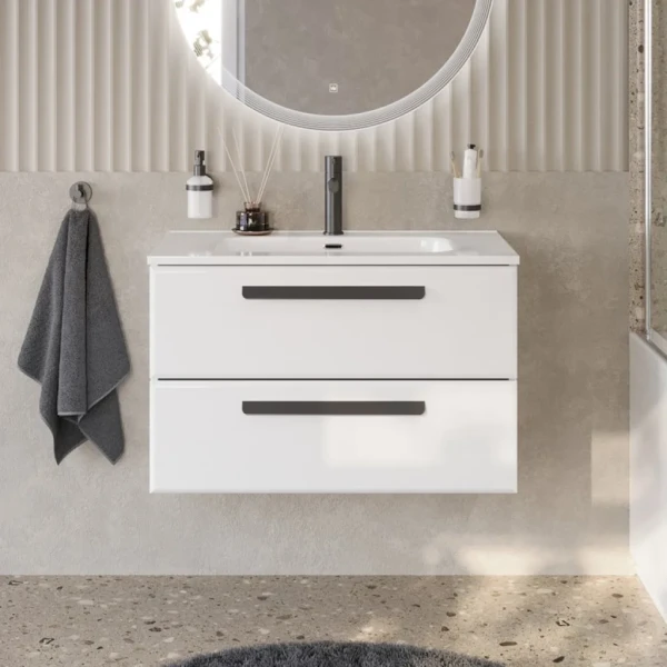Тумба с раковиной Cezares Eco Cer-N 80 bianco lucido, раковина Duet 80, ручки матовые черные
