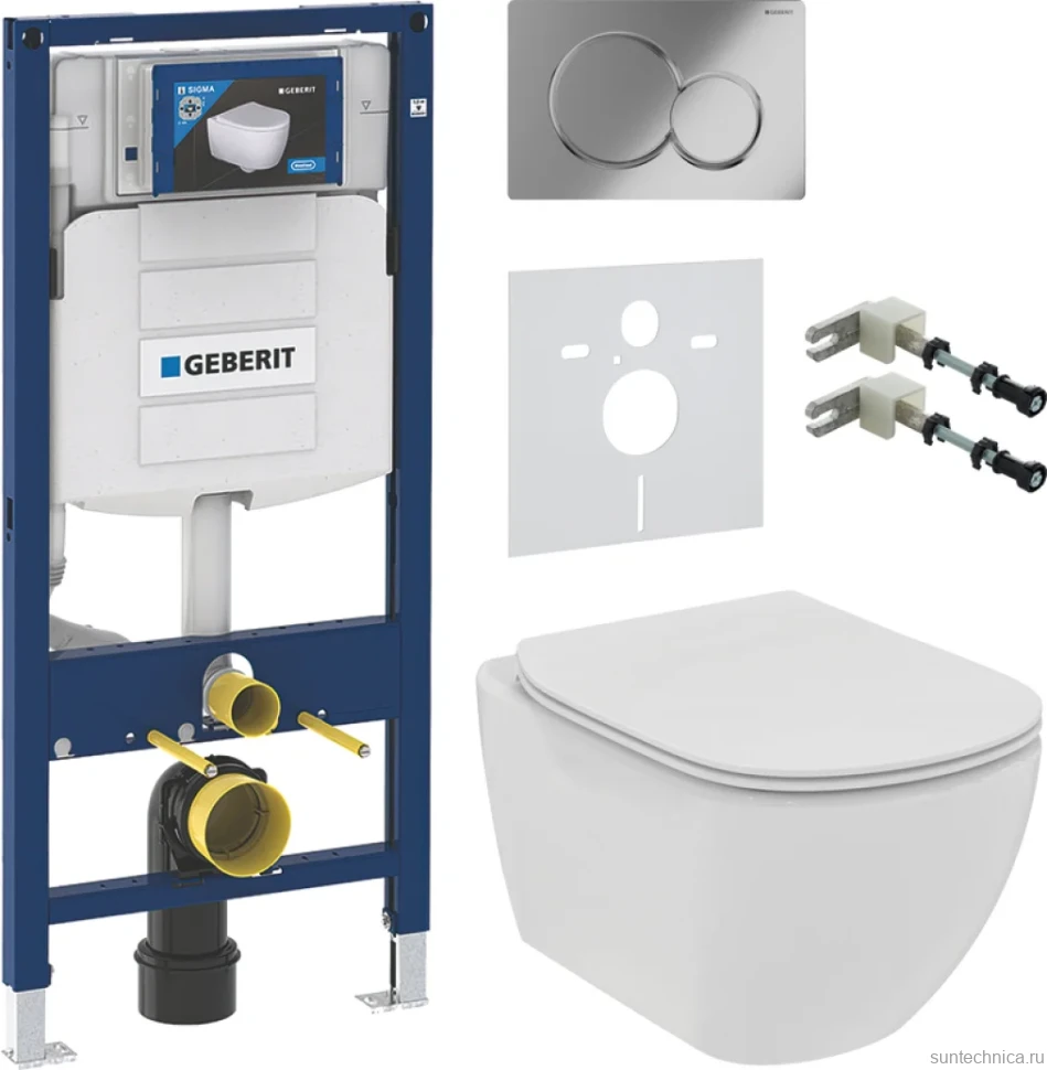 Комплект Унитаз подвесной Ideal Standard Tesi T536001 с микролифтом + Крепления Geberit Duofix 111.815.00.1 к стене + Звукоизоляция + Инсталляция UP 320 111.300.00.5 + Кнопка Sigma 01 115.770.21.5 хром