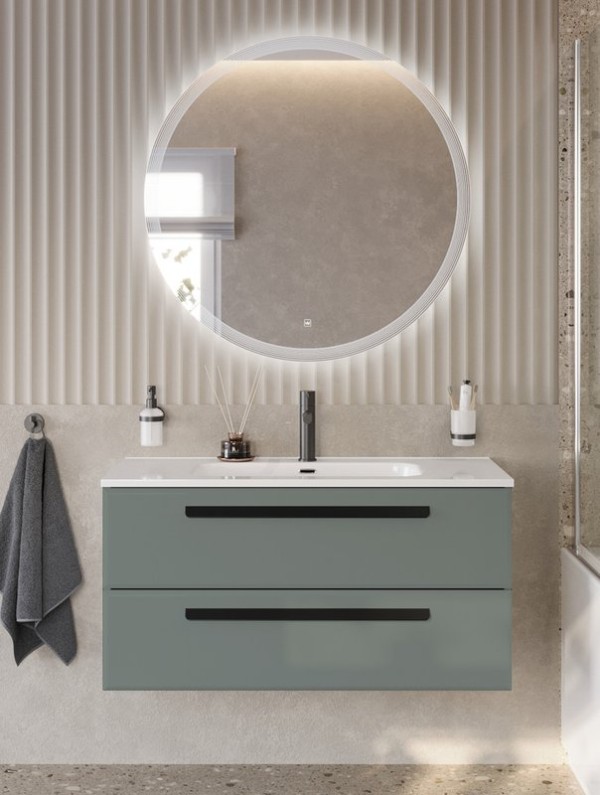 Тумба с раковиной Cezares Eco-Cer-N 100 серо-зеленая матовая, раковина CZR-8095-100, ручки матовые черные