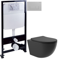 Комплект Унитаз подвесной Aqueduto Ovo OVO0140 безободковый, с микролифтом, черный матовый + Инсталляция EWRIKA ProLT 0026-2020 + Кнопка 0040 хром матовый