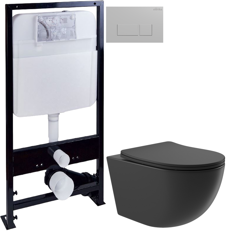 Комплект Унитаз подвесной Aqueduto Ovo OVO0140 безободковый, с микролифтом, черный матовый + Инсталляция EWRIKA ProLT 0026-2020 + Кнопка 0040 хром матовый