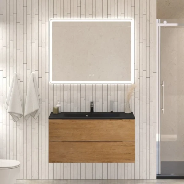 Мебель для ванной комнаты BelBagno Marino 100 подвесная, rovere nature, черная раовина