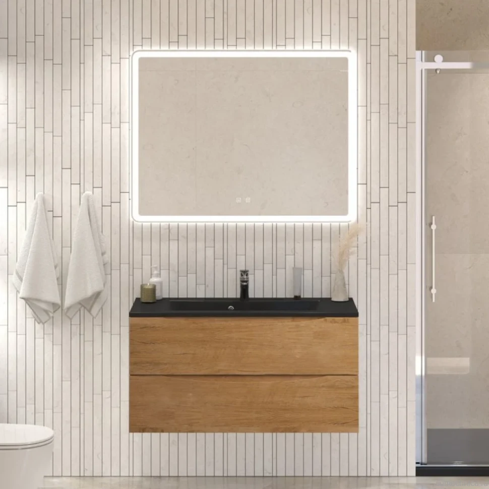 Мебель для ванной комнаты BelBagno Marino 100 подвесная, rovere nature, черная раовина