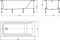 Акриловая ванна Roca Easy 170x75 см, пристенная, белая, с каркасом, со сливом-переливом